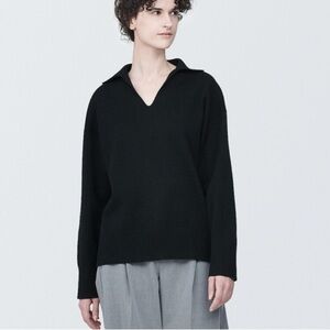 MUJI Rib Knit V Neck Black Collar Pullover Jumper Sweater